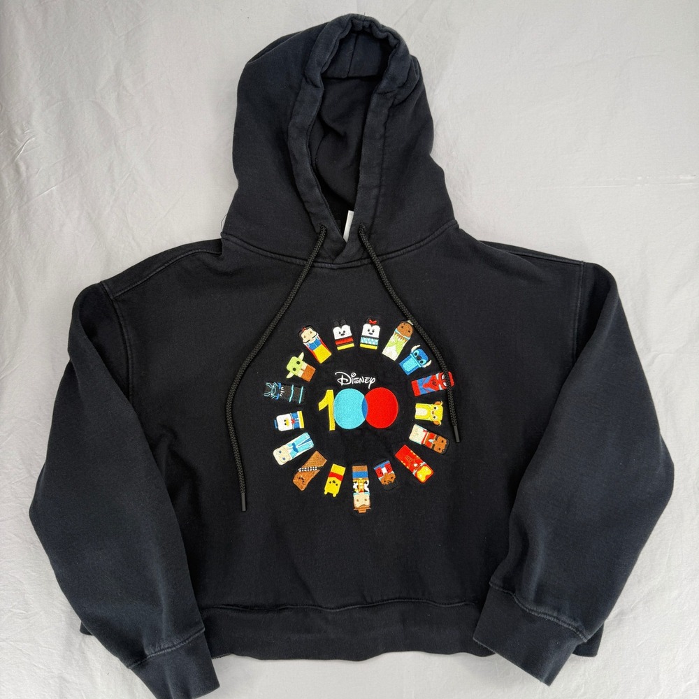 Disney 100 Years of Wonder Hoodie Black Embroidered Cropped Pullover Large